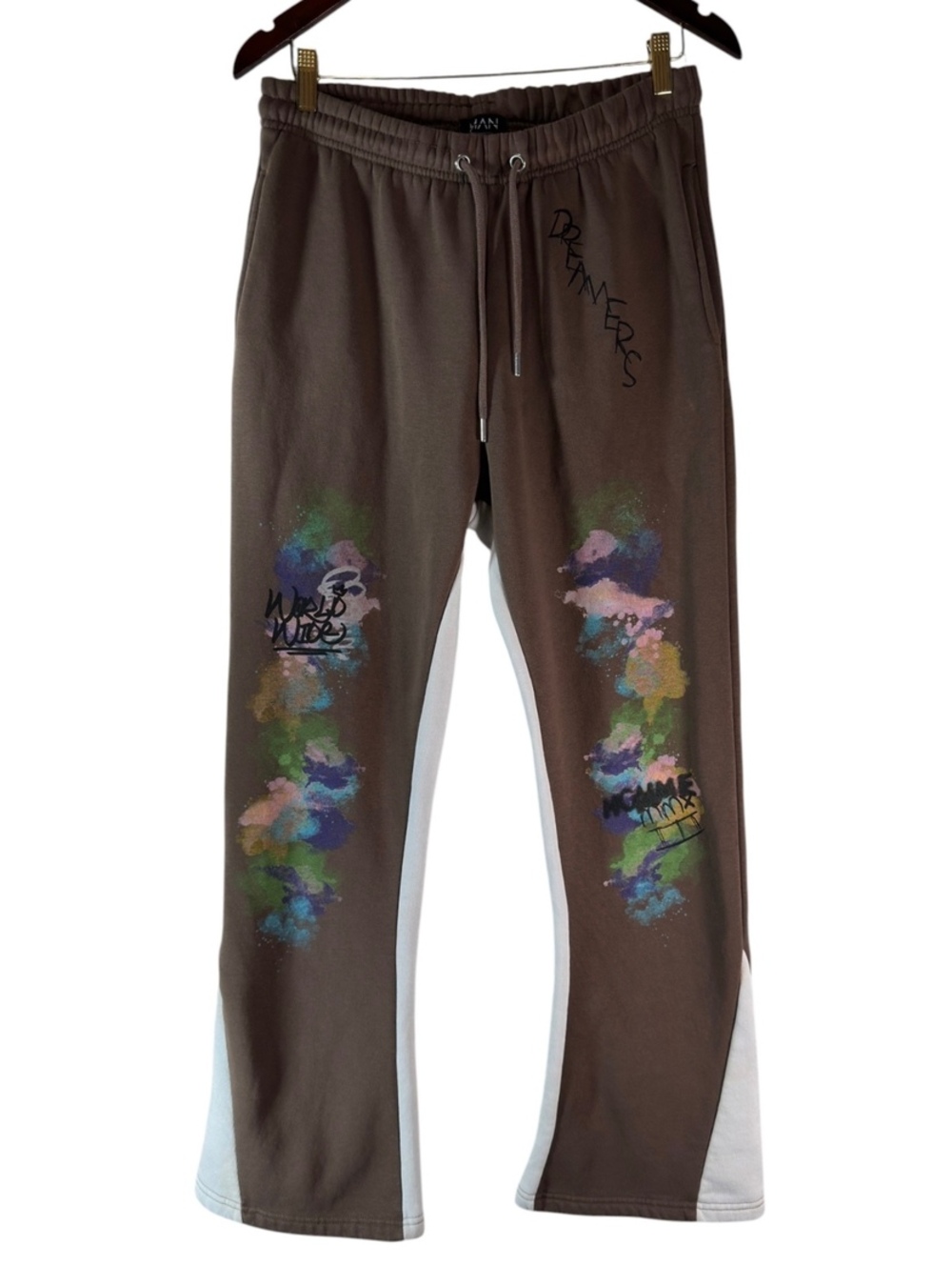 BoohooMAN Brown Graphic Wide Leg Sweatpants Men’s Medium